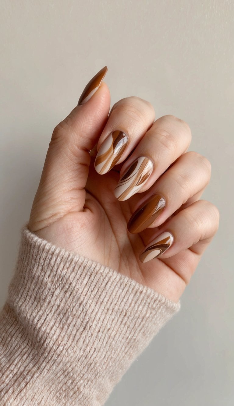 A close-up of earthy marbled nails in various shades of brown, with warm and cozy undertones, against a neutral background