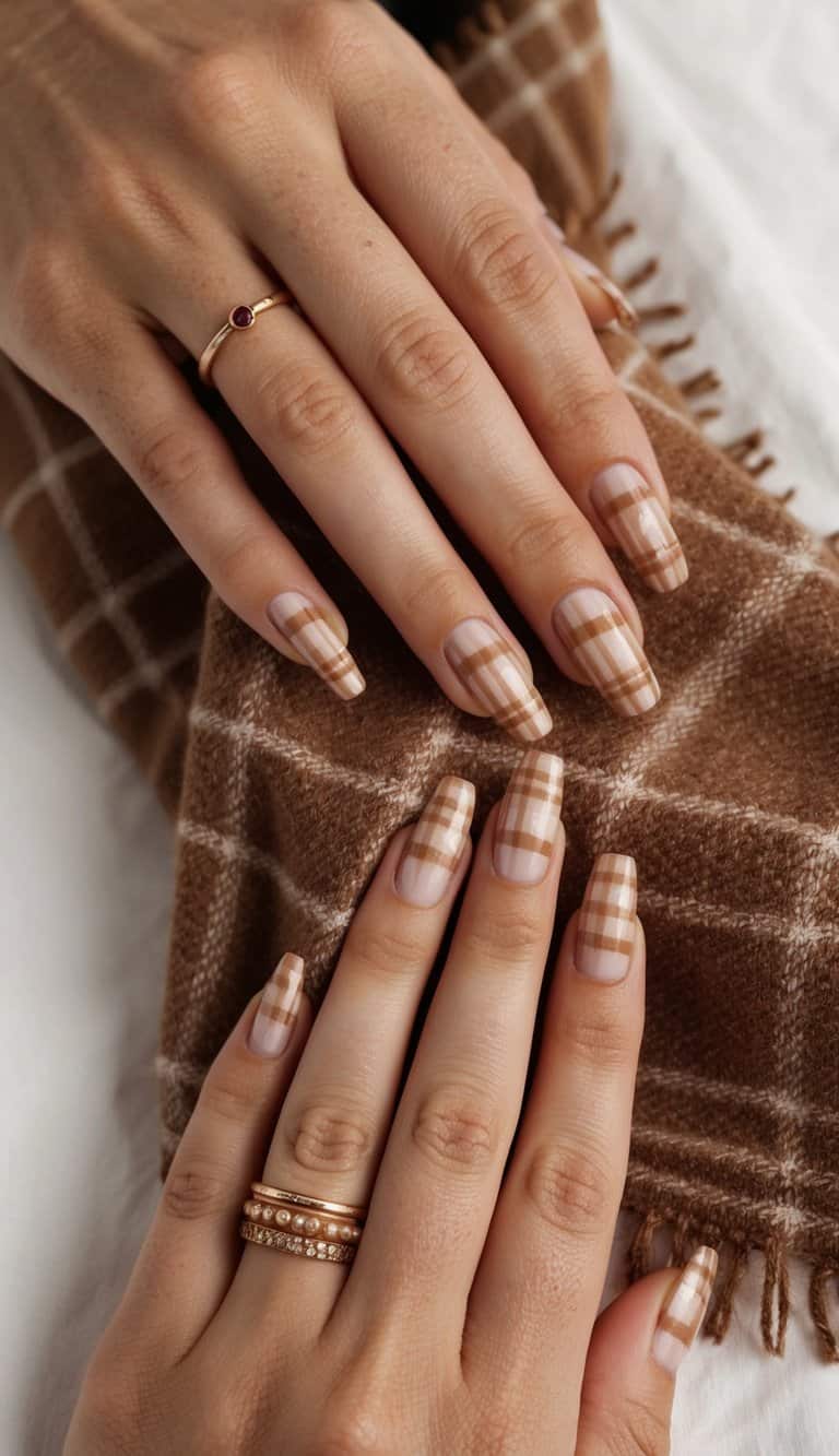 A cozy, rustic scene with plaid patterns in warm brown tones for nail art inspiration