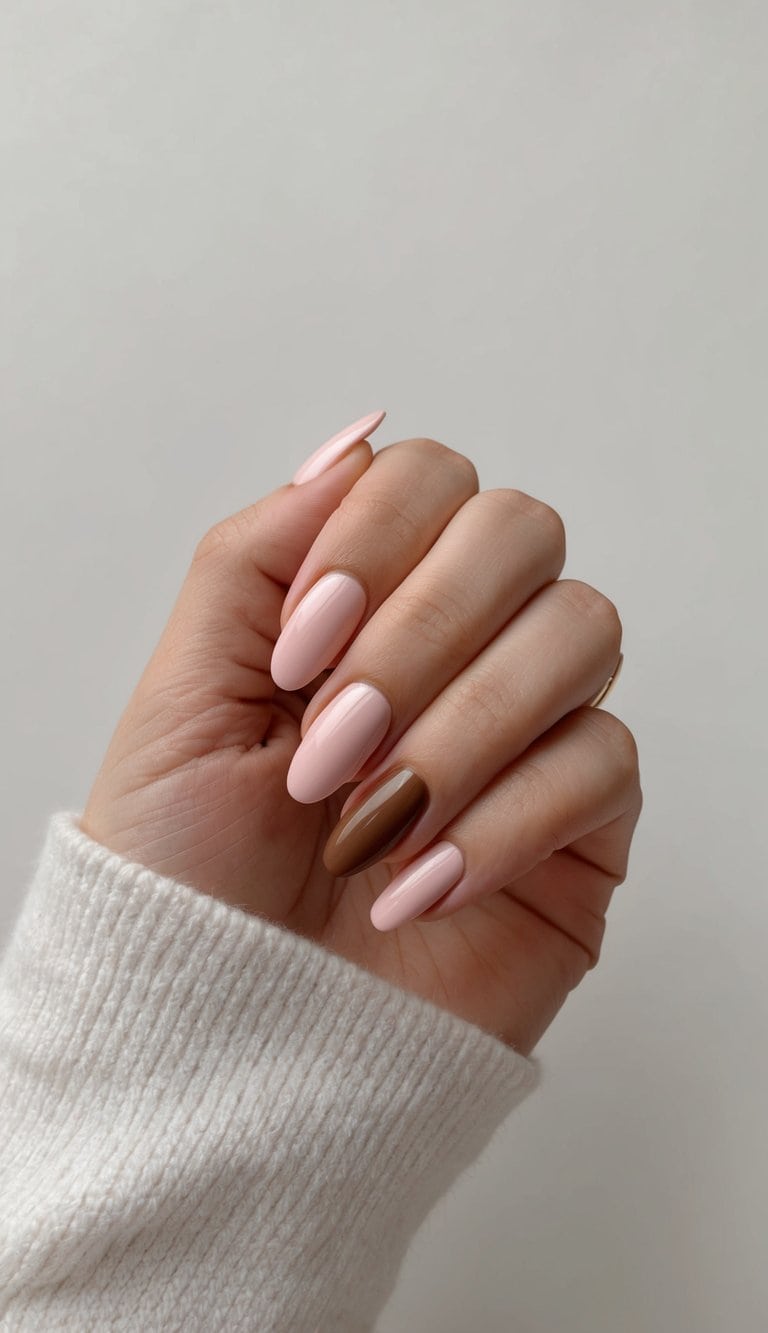 Soft pink nails with cocoa brown accents displayed on a clean, neutral background