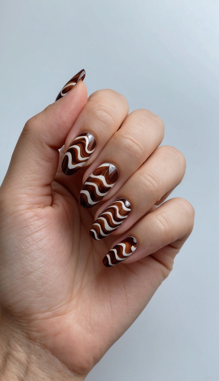 A deep mahogany wave pattern with earthy brown nail art designs