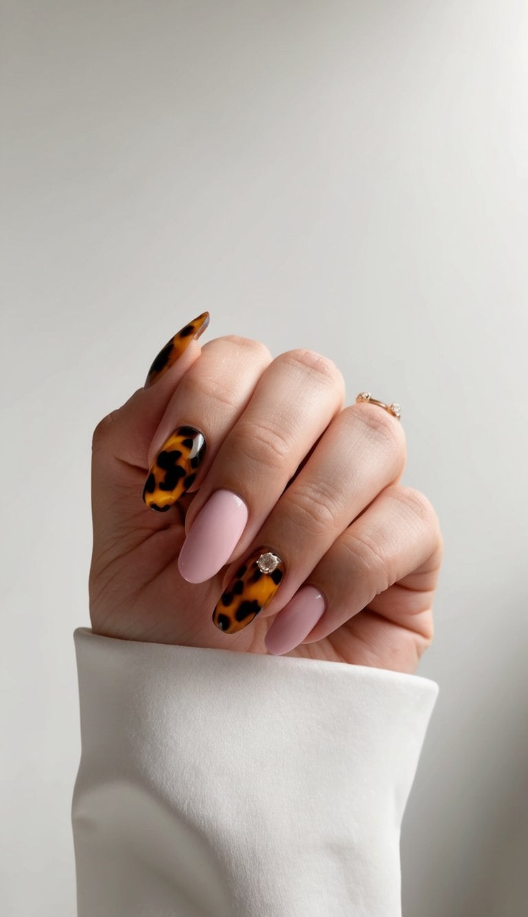 Soft pink nails with tortoiseshell accents in a bridal setting