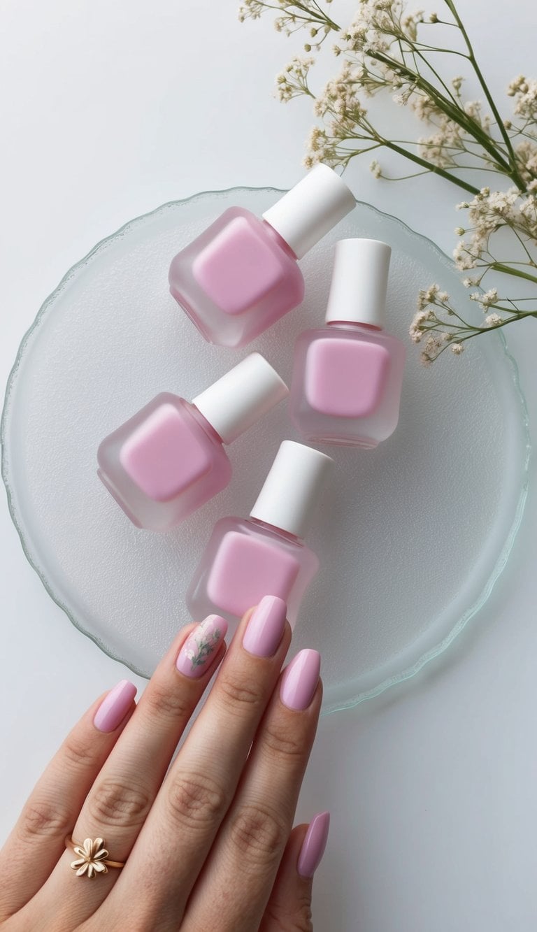 Blush-lilac nails with a delicate floral accent