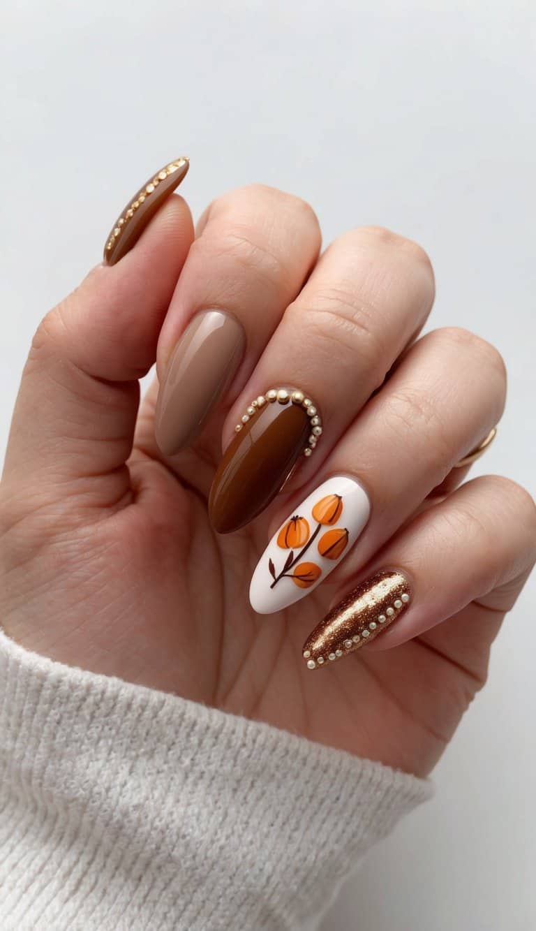 Fingertips adorned with 50 brown nail art designs, accented with pumpkin spice hues