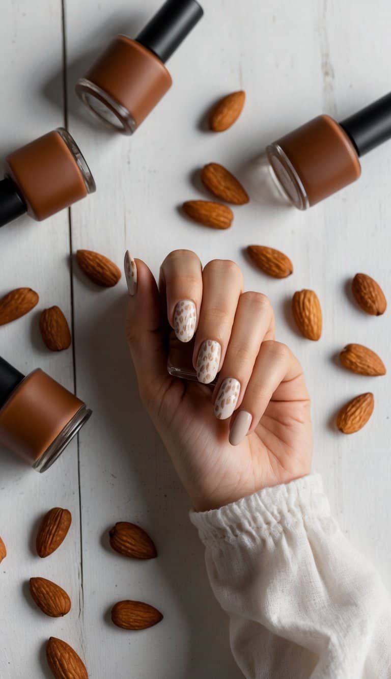 A rustic table with scattered toasted almonds and warm brown nail polish bottles