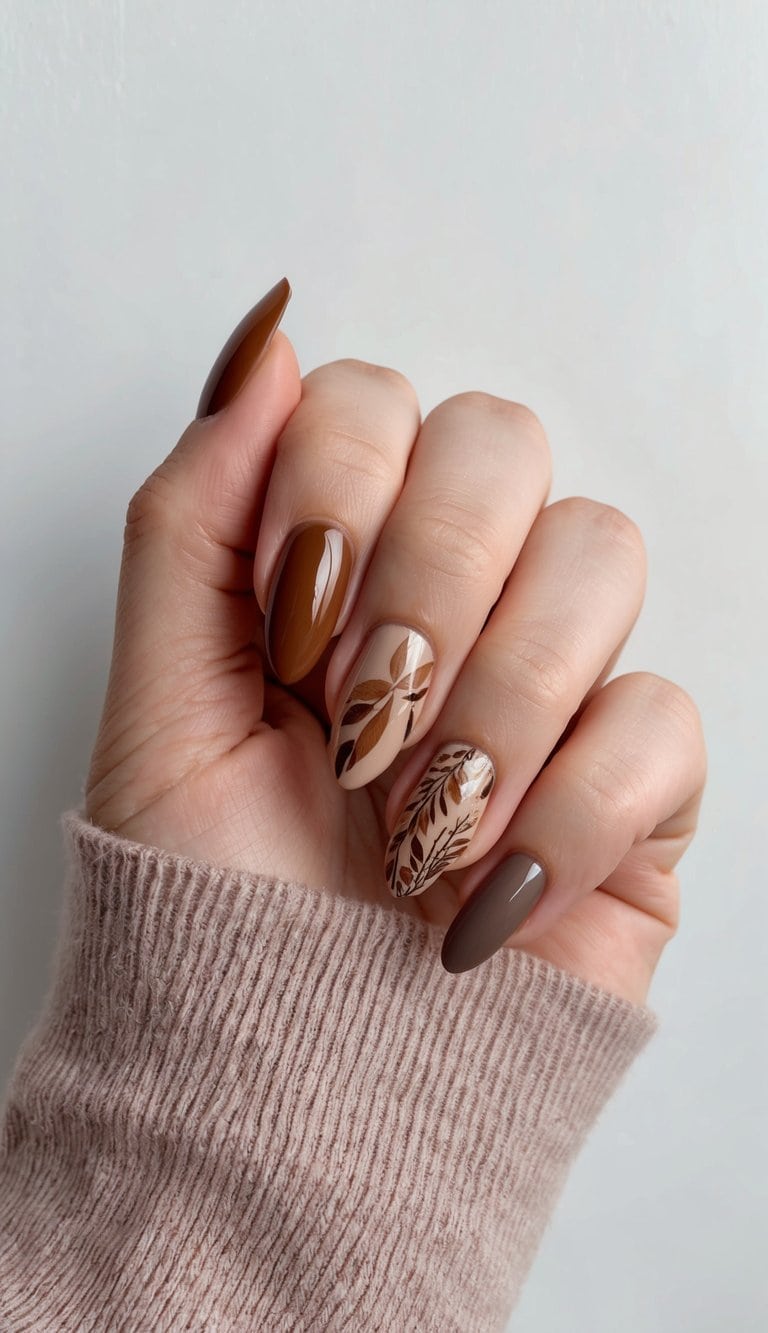 A close-up of smoky quartz-inspired nails in various shades of warm brown, with earthy tones and intricate designs