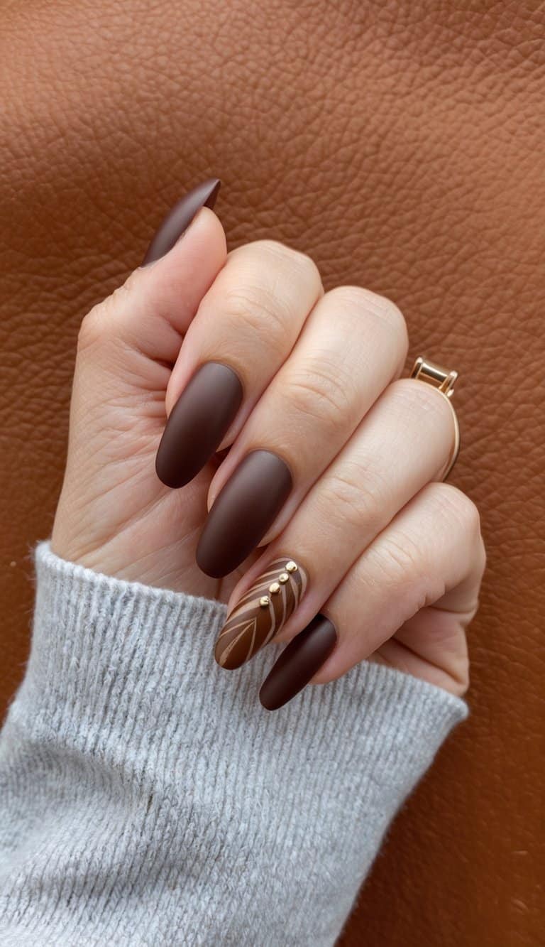 A close-up of a hand with brown nail art, against a backdrop of brushed leather in warm earthy tones