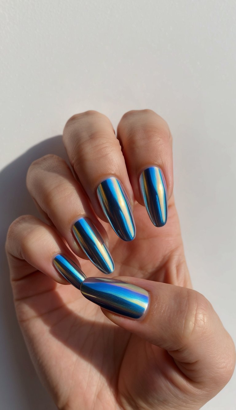 Blue chrome nails catching sunlight with hints of gold, featuring a reflective finish and elongated oval shape.
