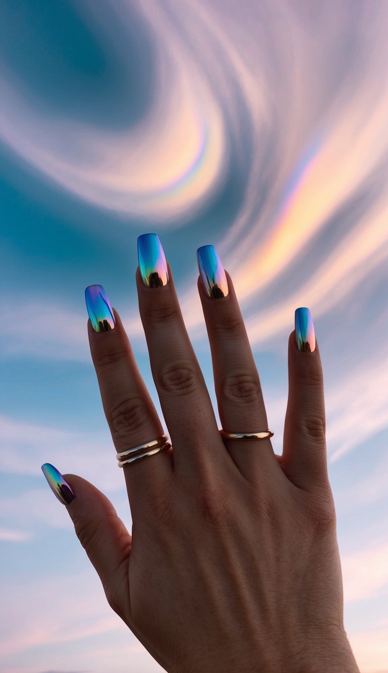 Rainbow chrome nails reflecting a sunset spectrum, styled with squared ends and airy metallic finish.