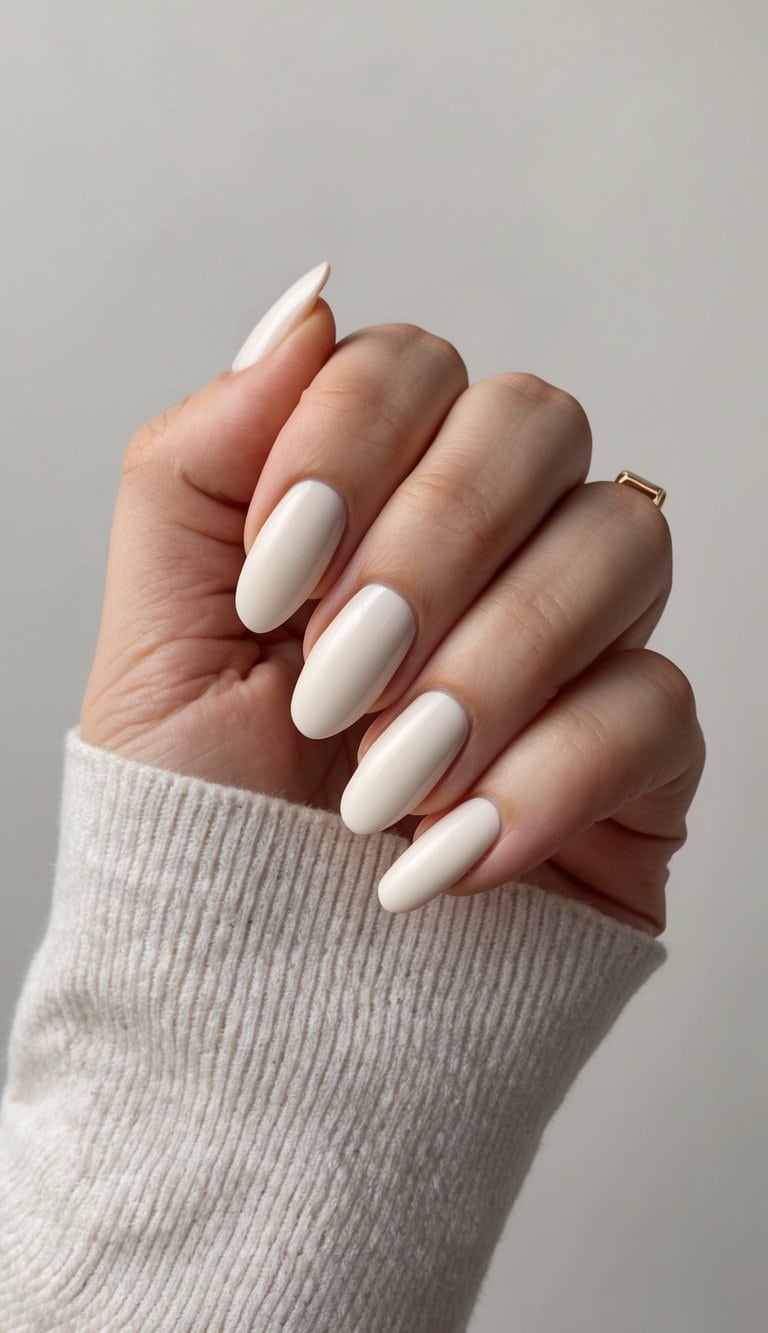 A hand with creamy white French manicure against a neutral background