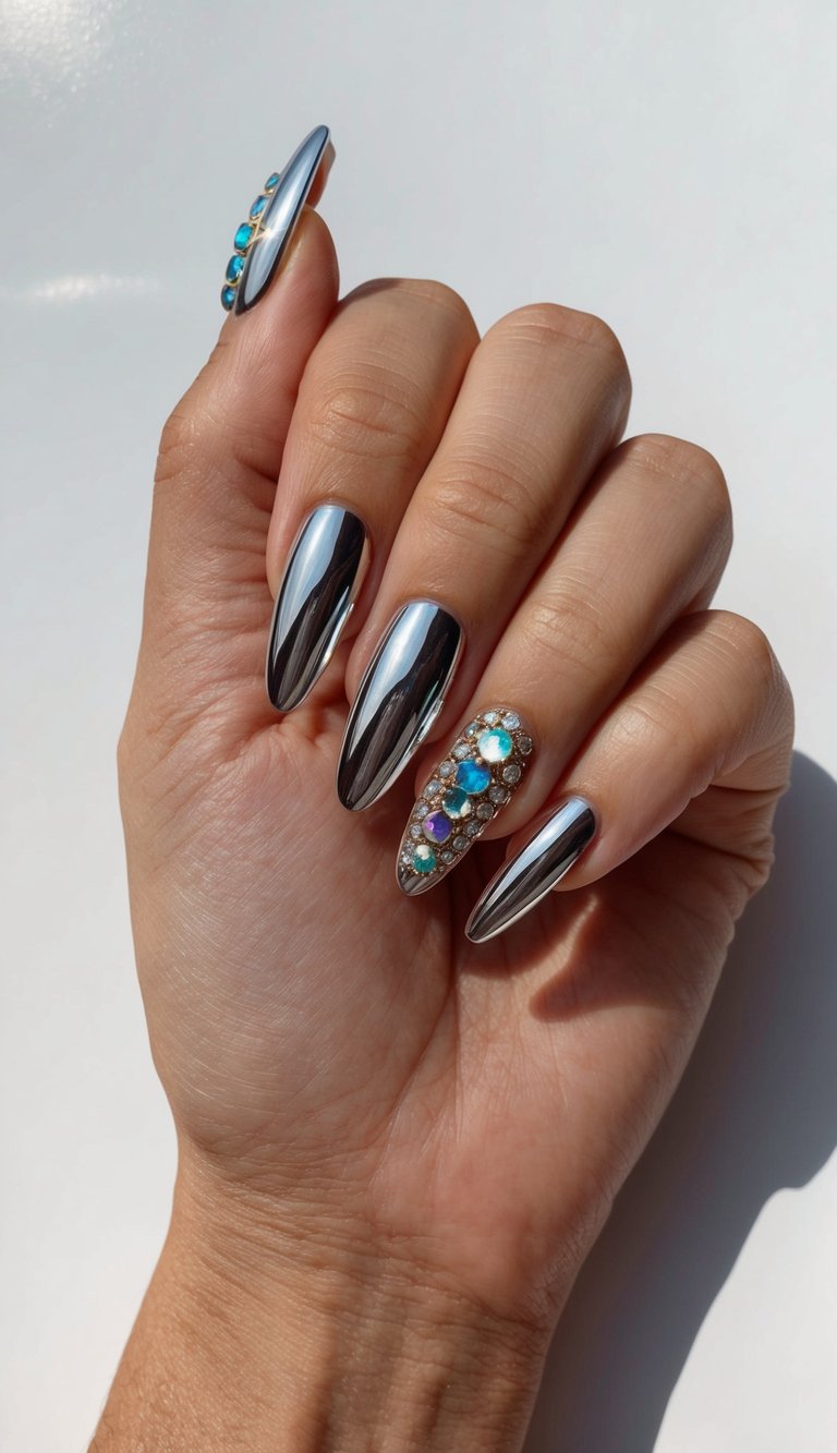 A hand with chrome nails accentuated with rhinestones, reflecting light