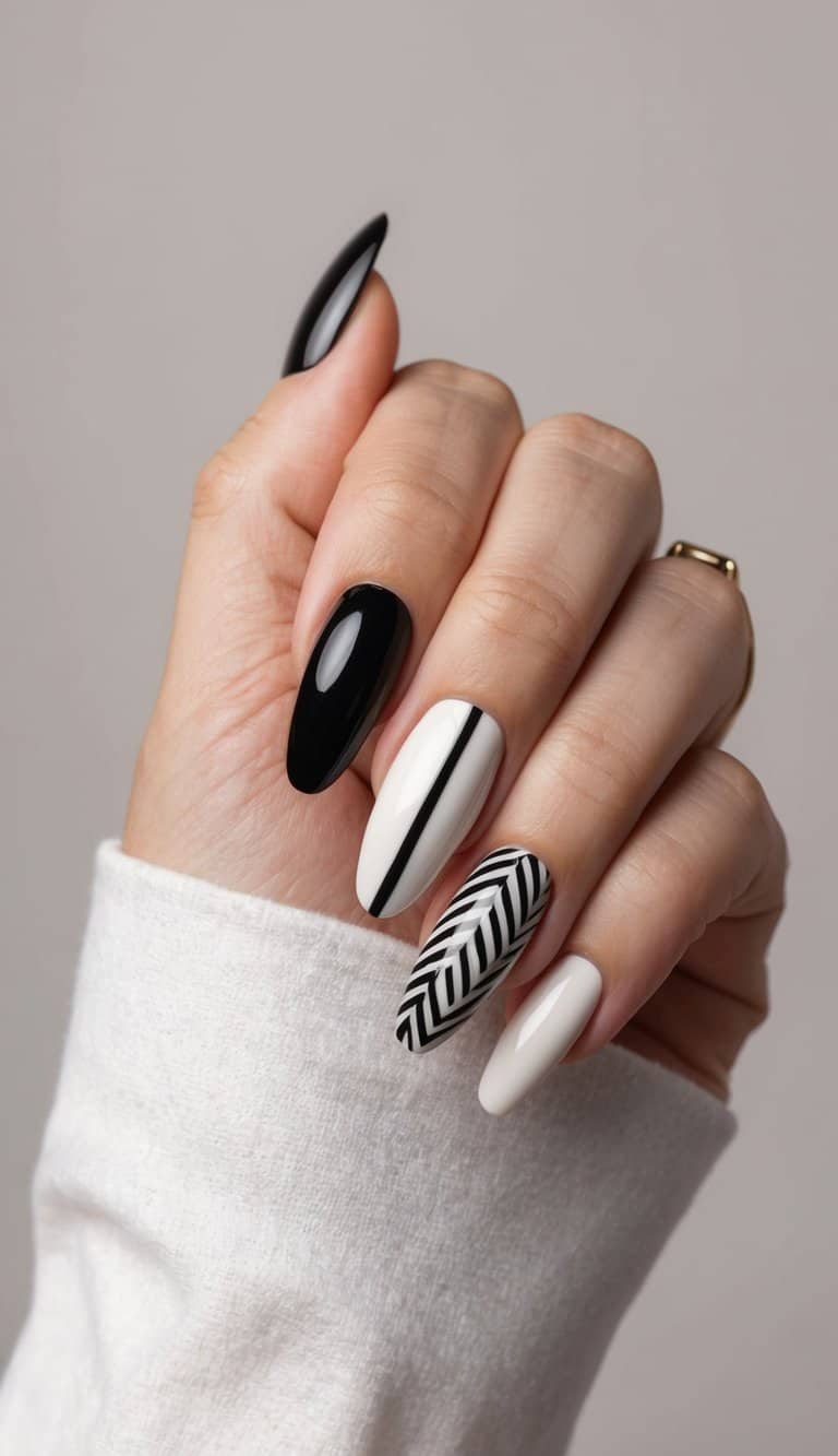 A close-up of alternating black and white nail art designs on a neutral background, showcasing elegant and classy patterns
