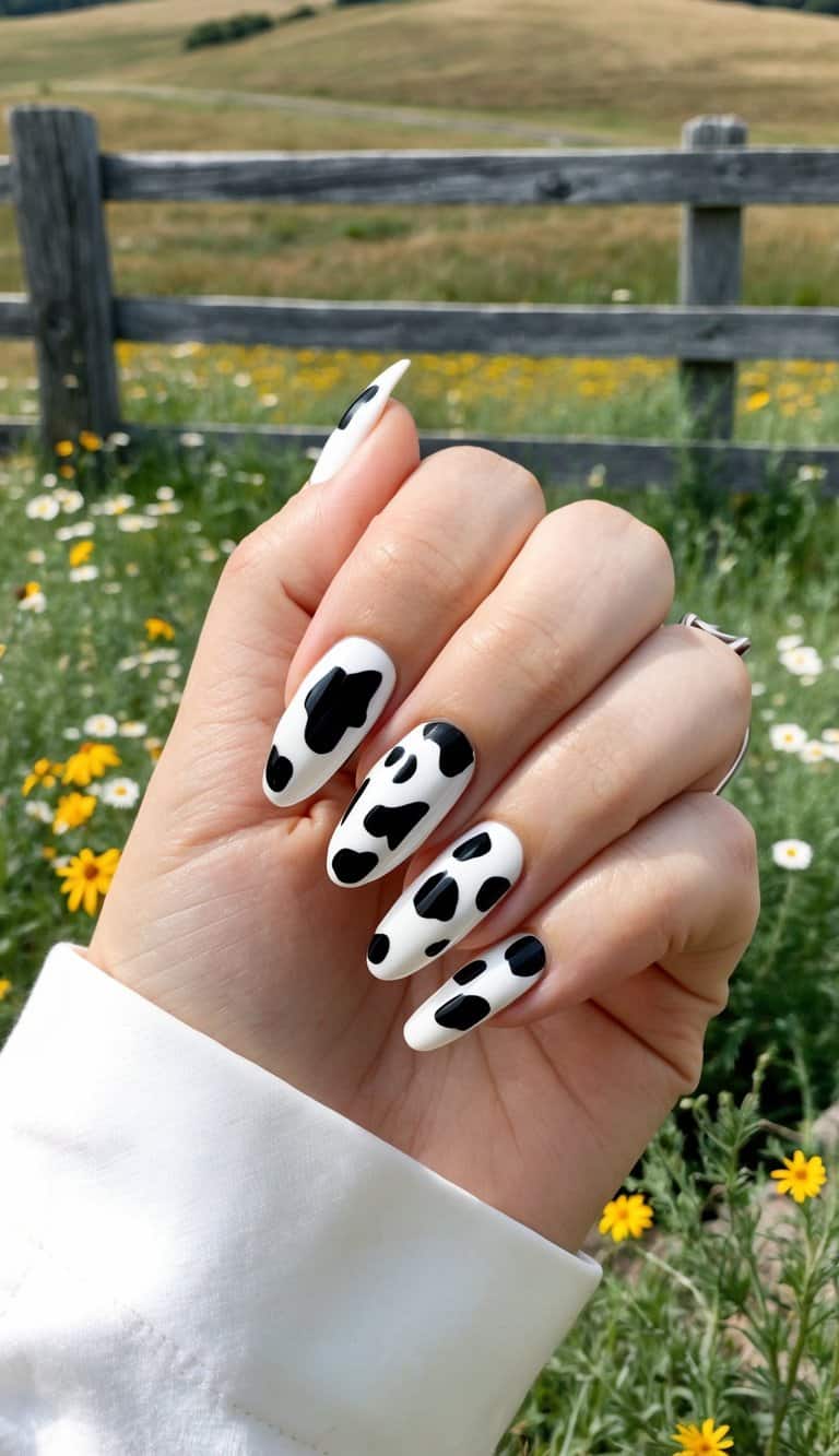 A cow print nail art design with a rustic country background featuring wooden fences, wildflowers, and rolling hills