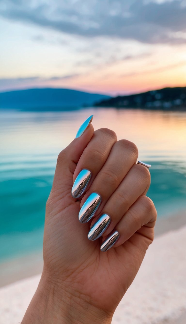 Hand with long almond-shaped chrome nails extends over beach water at sunset, silver mirror finish reflecting pink and blue gradient sky.