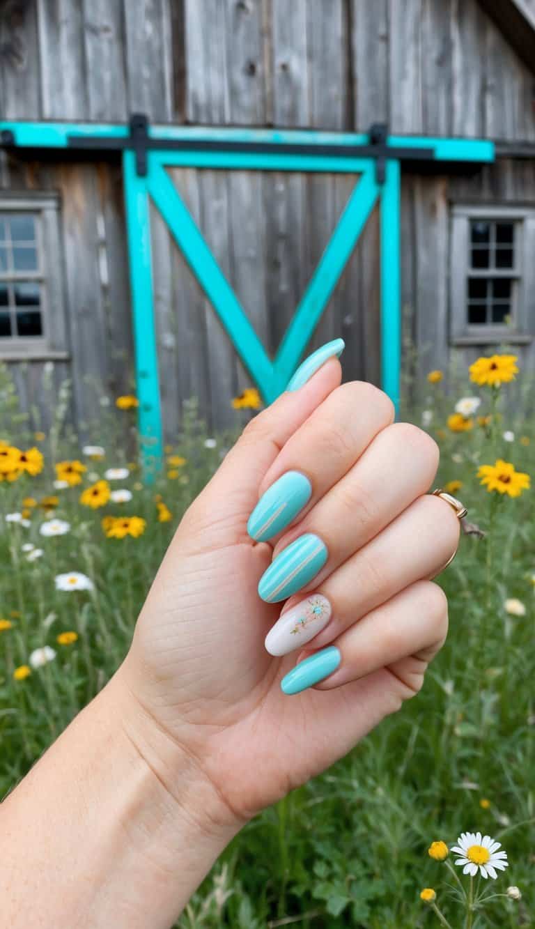 A wooden barn door with turquoise accents surrounded by wildflowers and rustic country scenery