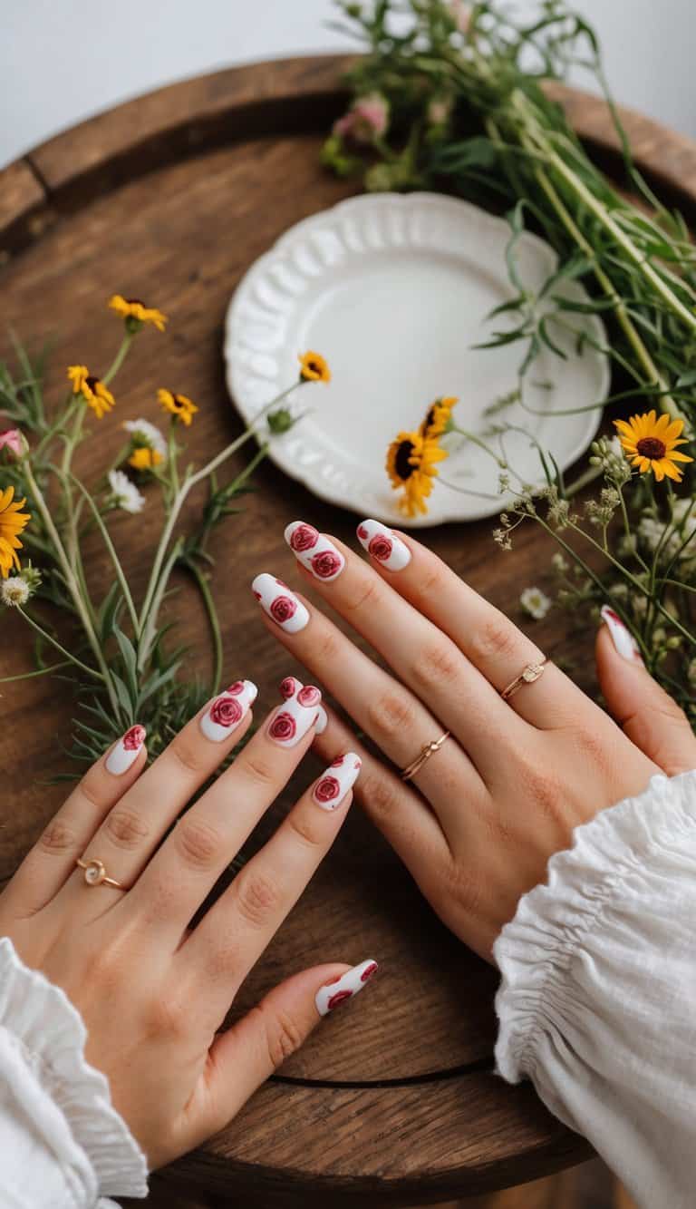 A wooden table with a vintage rose-patterned nail art set, surrounded by rustic country decor and wildflowers