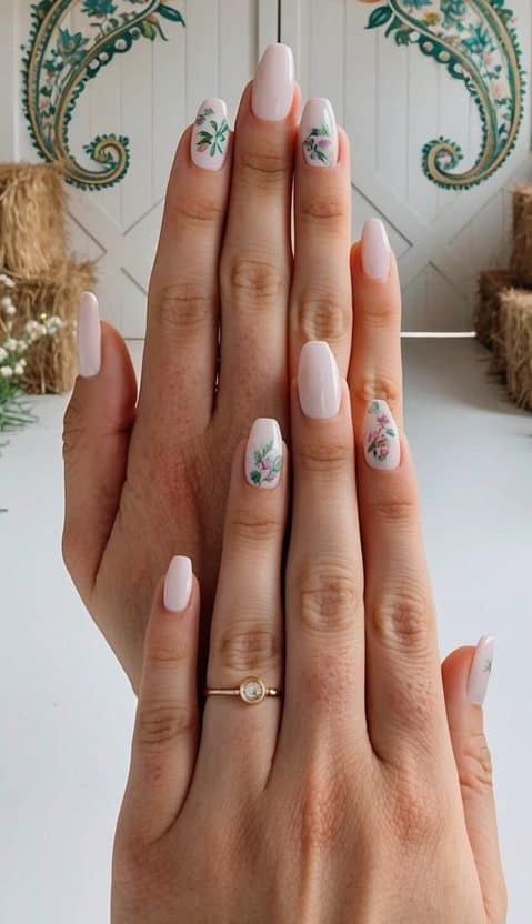 A cozy barn setting with wooden beams and hay bales, surrounded by wildflowers and paisley swirls adorning the walls and doors