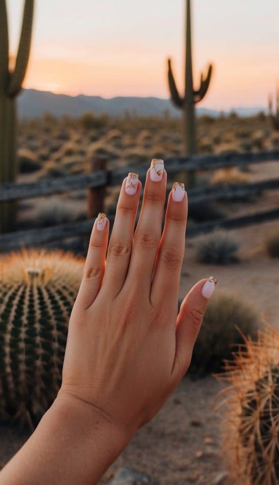 A desert landscape with cacti, tumbleweeds, and a rustic wooden fence under a golden sunset