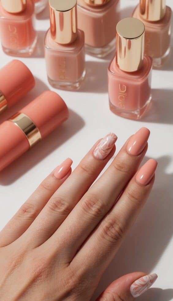 A manicure station with a palette of soft coral and neutral nail polish bottles, arranged in an elegant and classy display