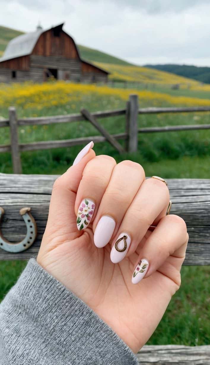 A rustic barn with rolling hills and wildflowers, a cowboy hat and boots, and a horseshoe hanging on a wooden fence