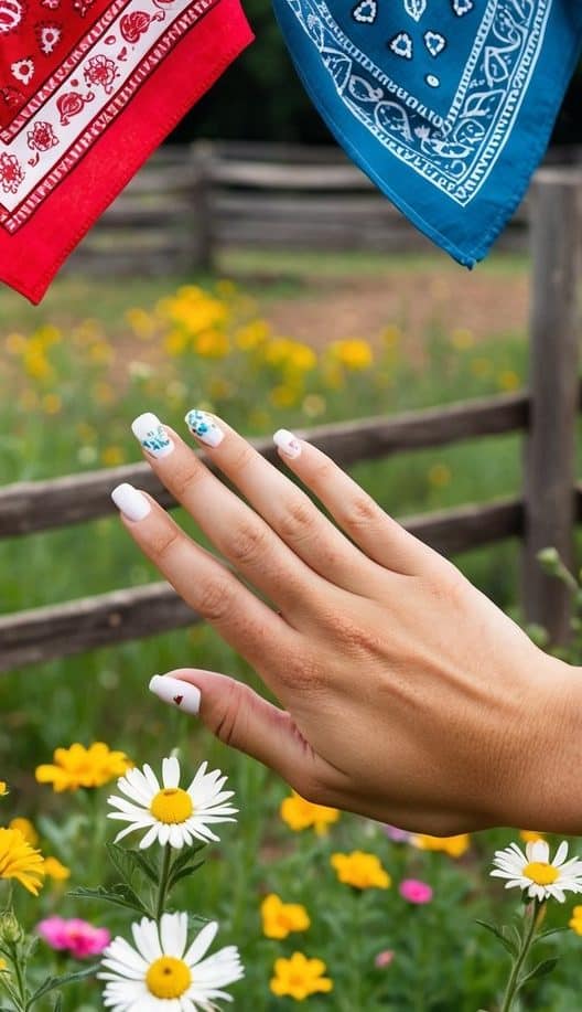 A rustic barnyard scene with a colorful array of bandanas hanging on a clothesline, surrounded by wildflowers and wooden fences
