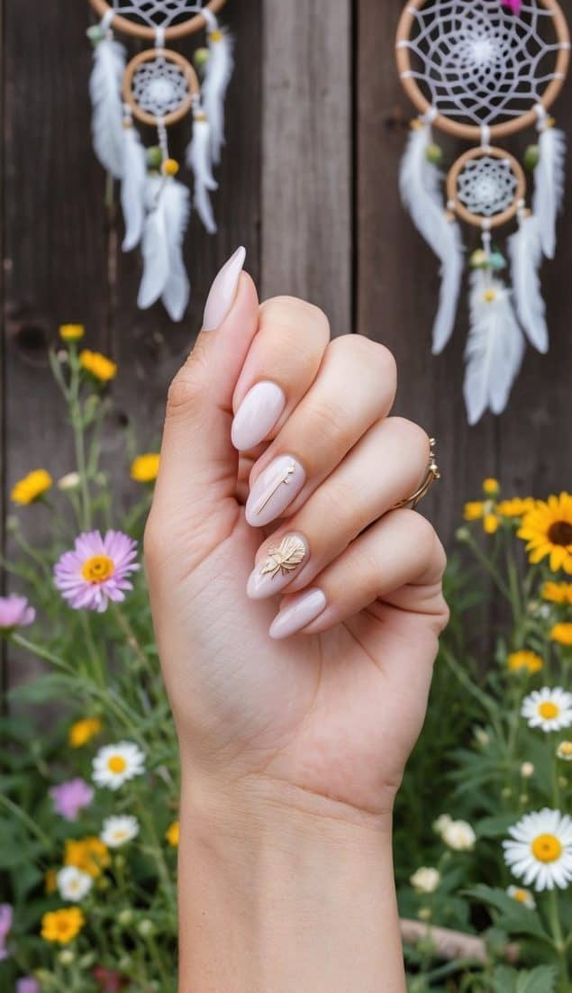 A wooden barn backdrop with dreamcatcher motifs hanging from the rafters, surrounded by wildflowers and rustic country elements