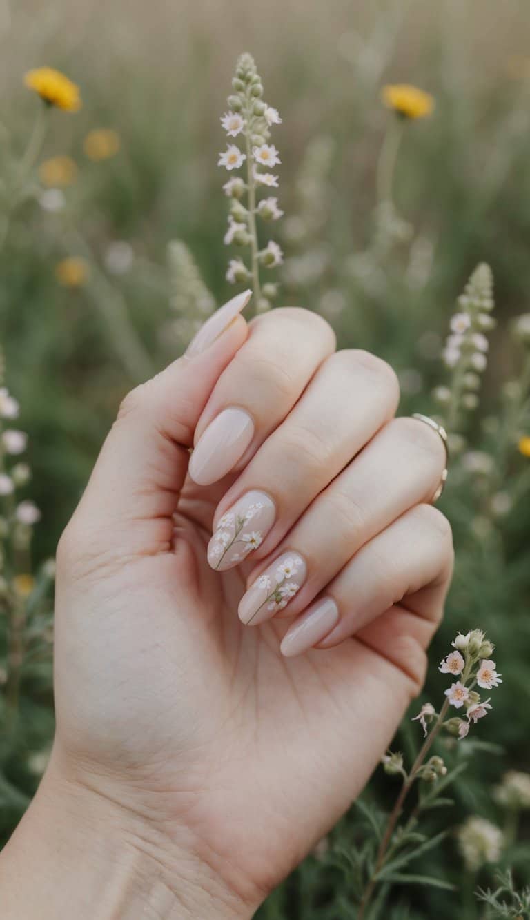 A serene meadow with delicate wildflowers in soft, neutral tones