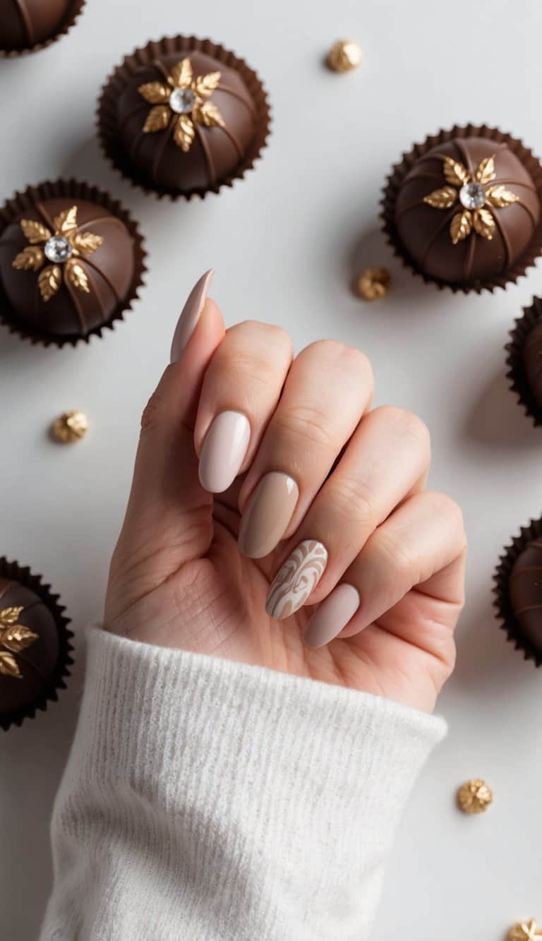 A beautifully manicured hand with elegant neutral-toned nail art, surrounded by mocha truffles and splendorous decorations