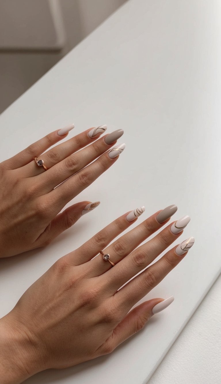 A set of elegant neutral-toned nail art designs displayed on a clean, sophisticated surface