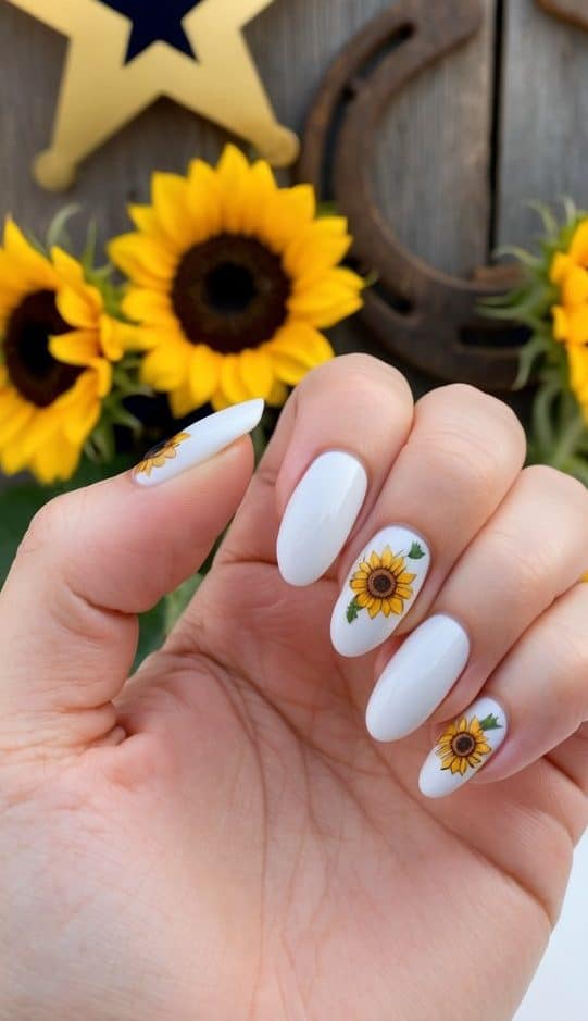 Rustic barn backdrop with sheriff stars, horseshoes, and sunflowers for country nail art inspiration