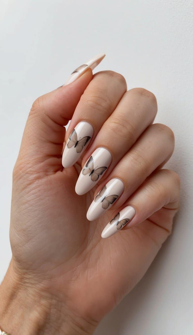 Delicate butterfly strokes in neutral tones on elegant nails