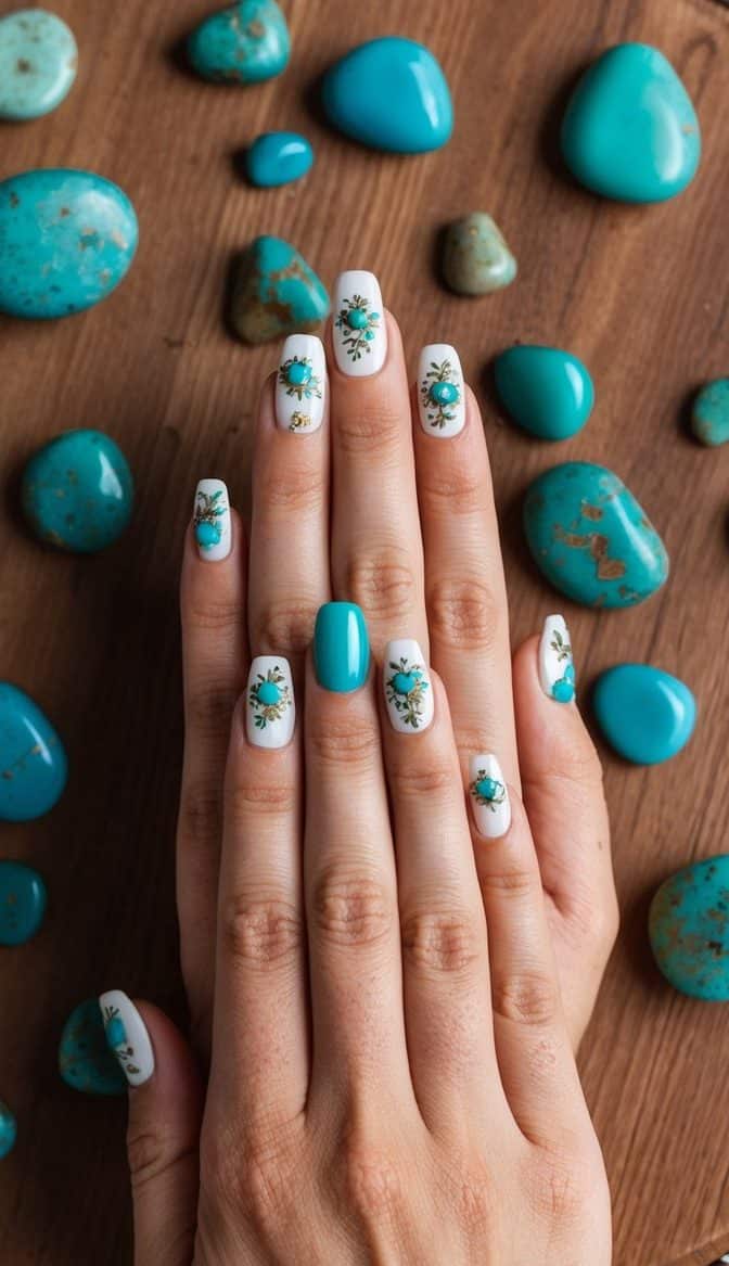 A wooden table with turquoise stones scattered around, surrounded by rustic country-themed nail art designs