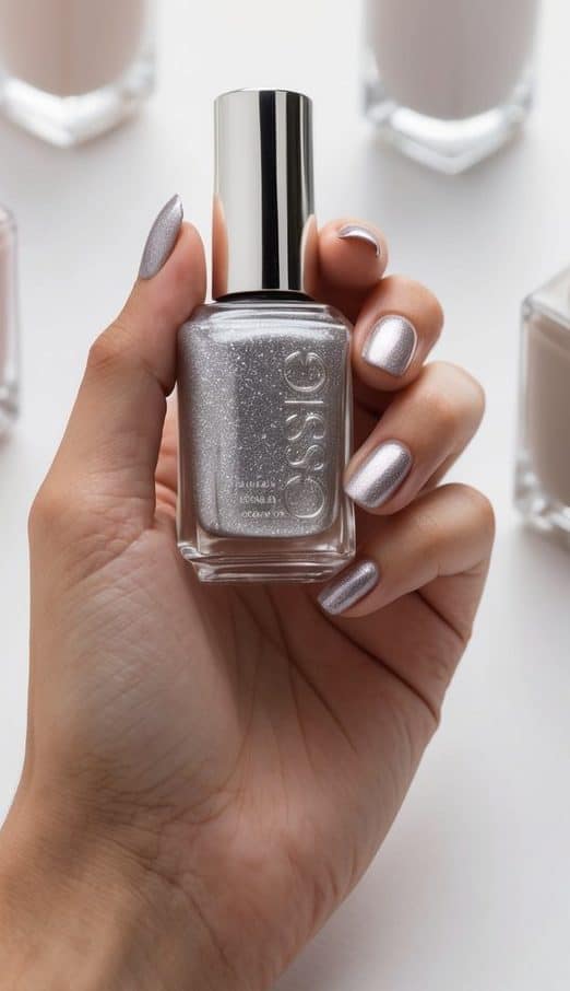 A hand holding a glistening silver nail polish bottle surrounded by elegant neutral tone nail polish bottles
