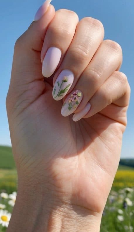 A serene countryside landscape with rolling hills, barns, and fields of wildflowers, set against a clear blue sky