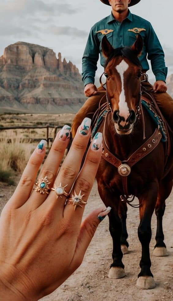 A bronco rider in a rustic country setting, surrounded by rugged landscapes and western elements