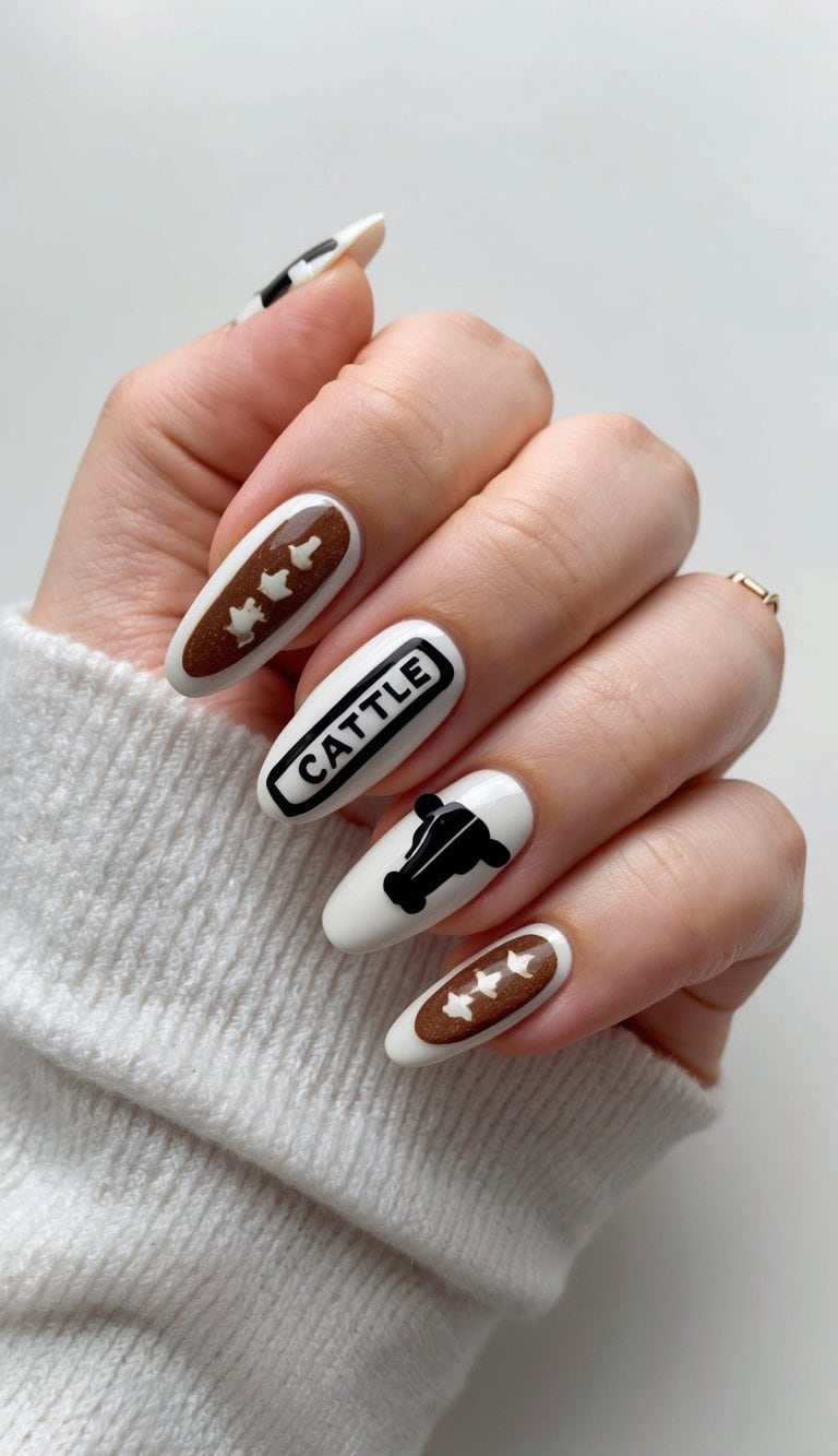 Rustic cattle brands adorn nails in country-themed nail art