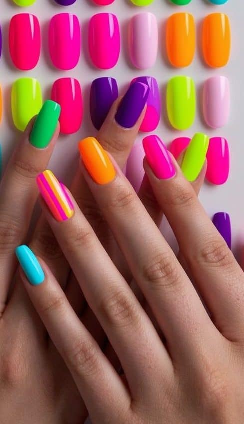 A vibrant display of neon French manicure nail art designs in 50 different colors, arranged in a visually appealing composition