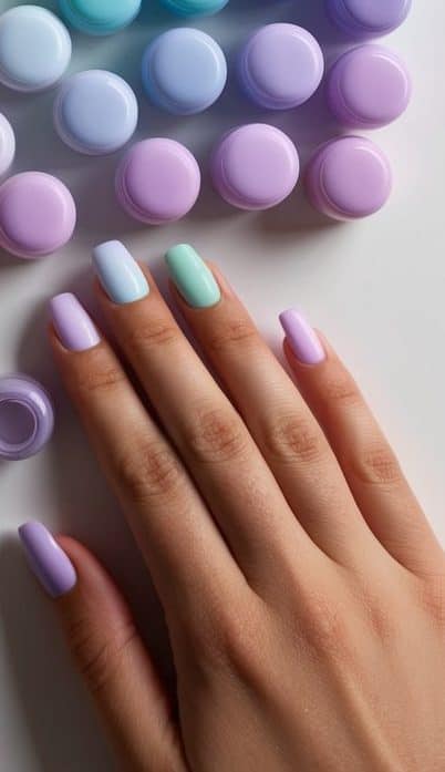 A palette of 50 pastel ombre nail polish bottles arranged in a gradient, ready for a colorful nail art session