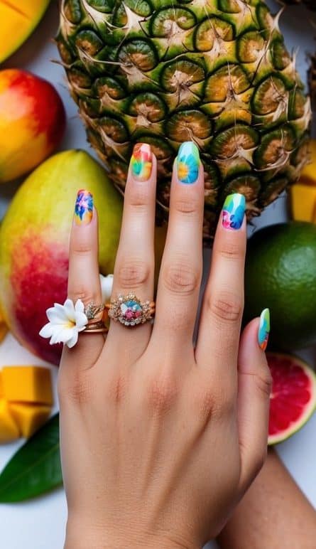 A vibrant display of tropical fruits, including pineapples, coconuts, and mangoes, surrounded by colorful nail art designs