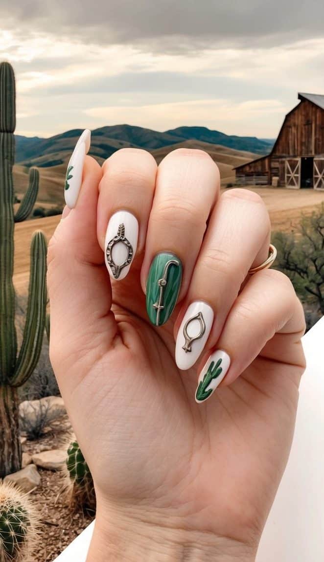A cowboy hat, horseshoes, and cacti set against a backdrop of rolling hills and a rustic barn