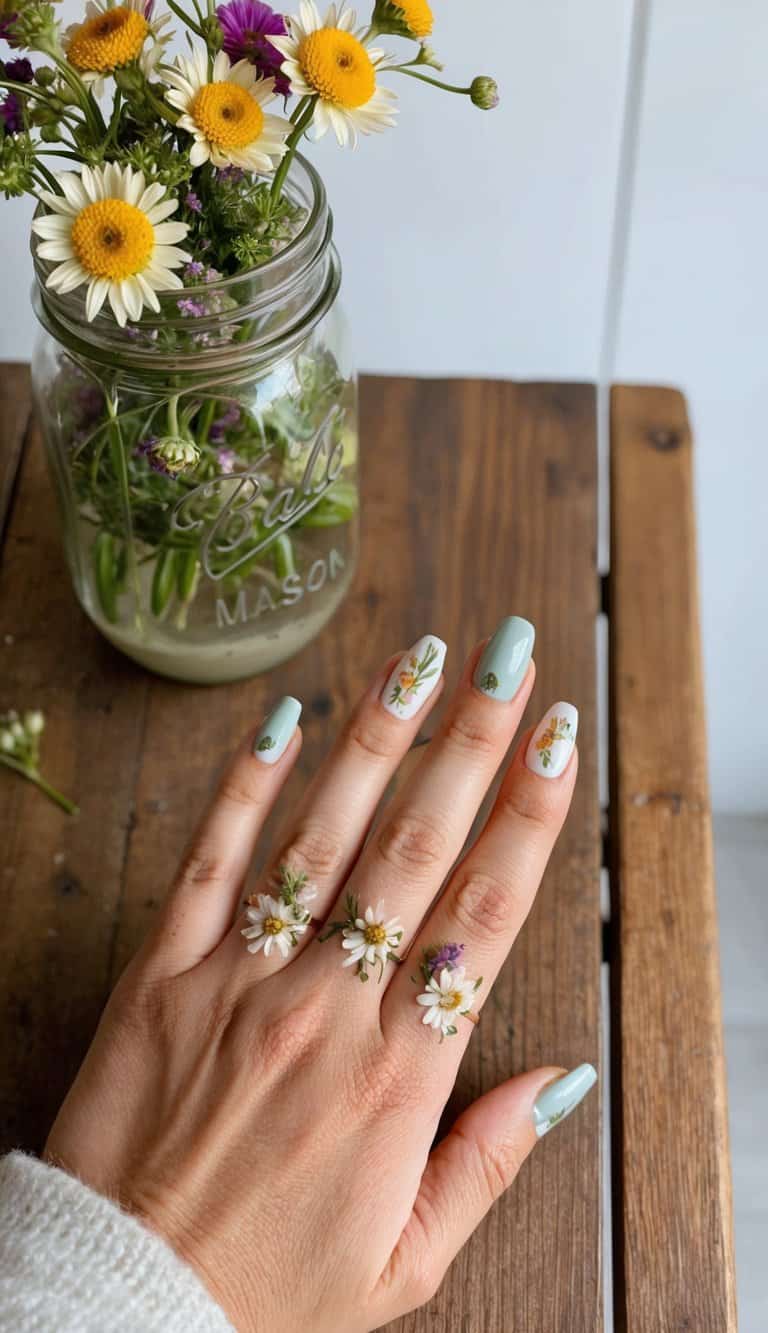 A wooden table with a vintage mason jar filled with wildflowers, surrounded by rustic country-themed nail art designs