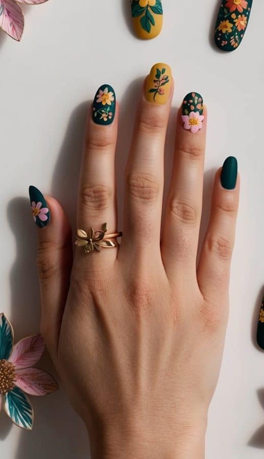 A table with 50 matte floral nail art designs, each featuring vibrant colors and intricate patterns