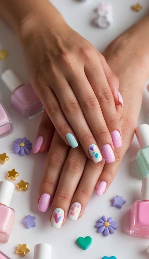 A table covered in pastel nail polish bottles, surrounded by playful nail art designs like hearts, stars, and flowers