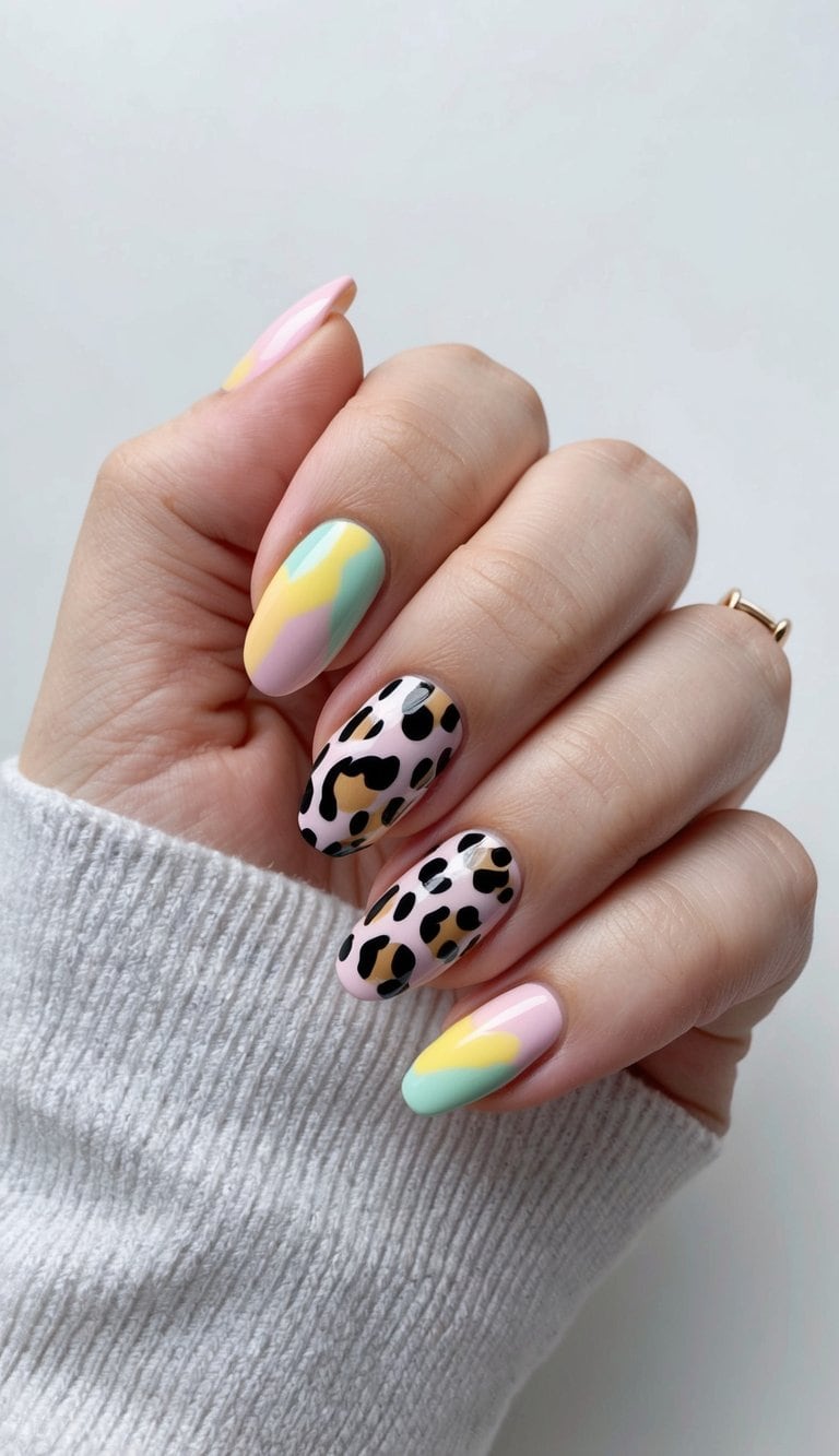 A close-up of colorful nails with playful animal print accents and pastel shades