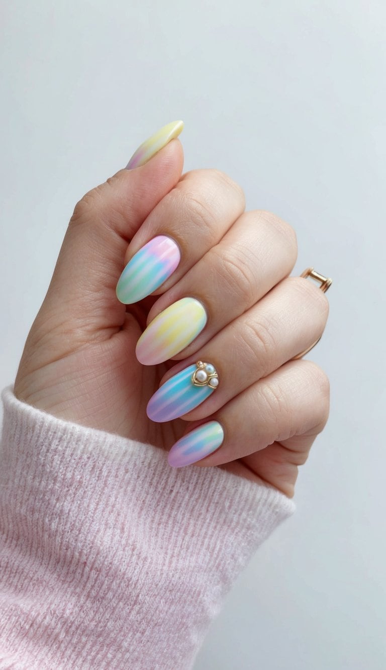 A close-up of rainbow tie-dye nails with pastel shades and playful designs