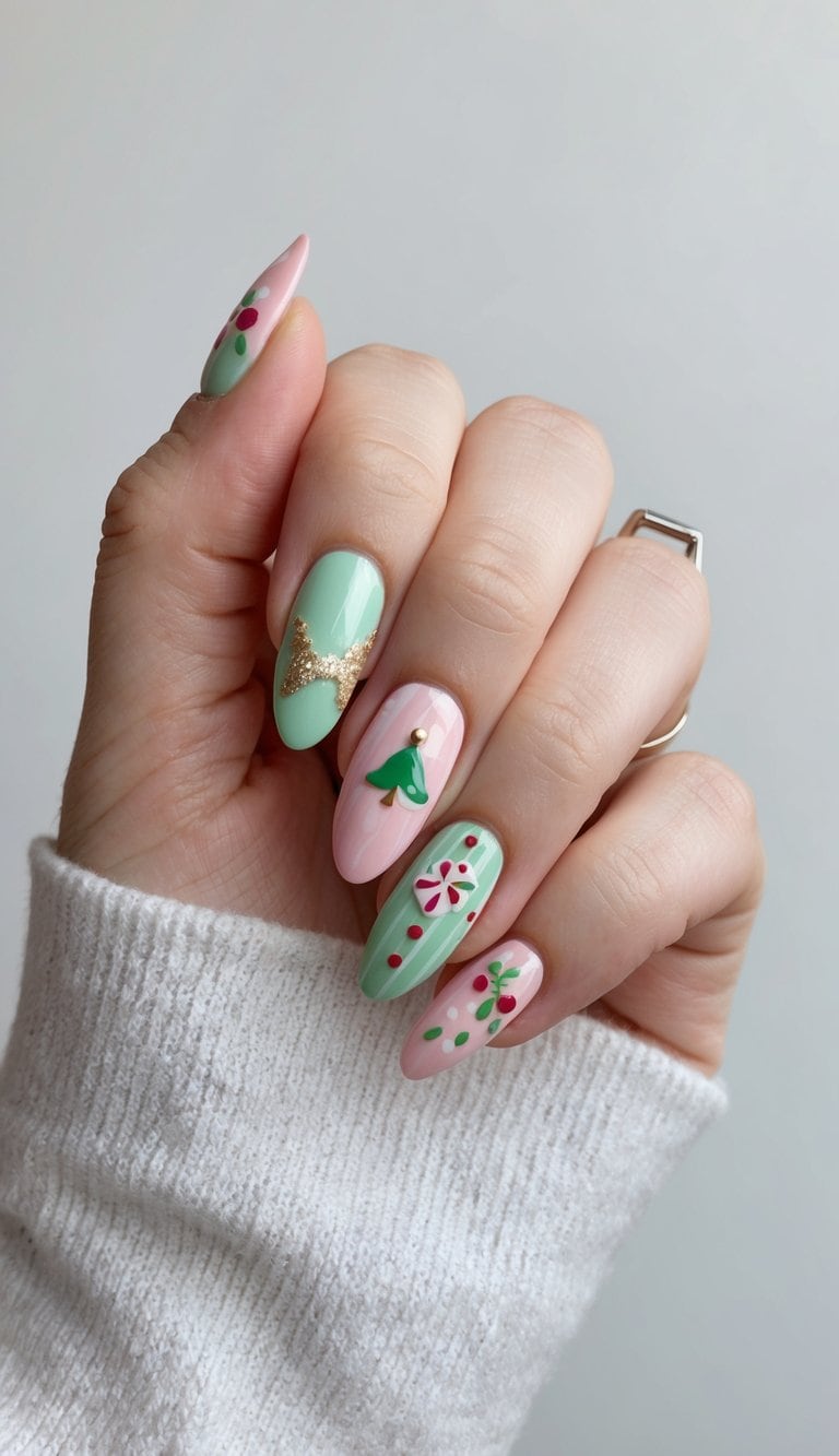 A festive nail art scene featuring playful designs and pastel shades, incorporating seasonal holiday themes