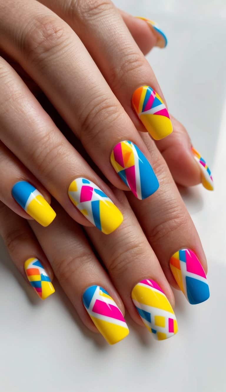 A colorful nail art design featuring bold and bright geometric shapes and patterns on a clean white background