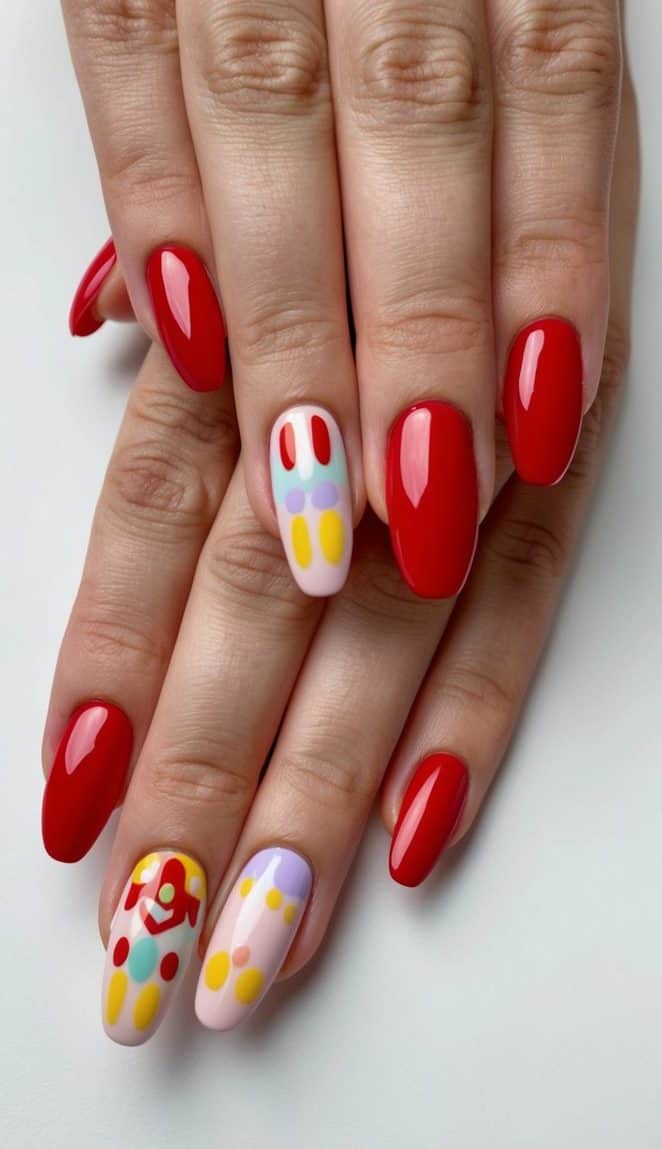 A classic red manicure with playful designs and pastel shades