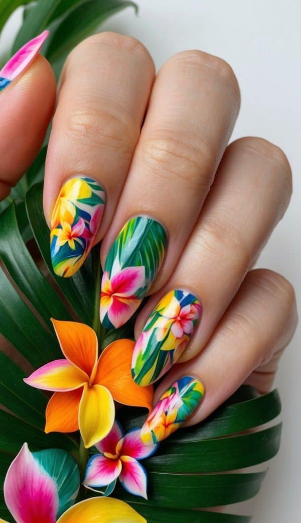 Vibrant tropical flowers and leaves arranged in a colorful nail art design