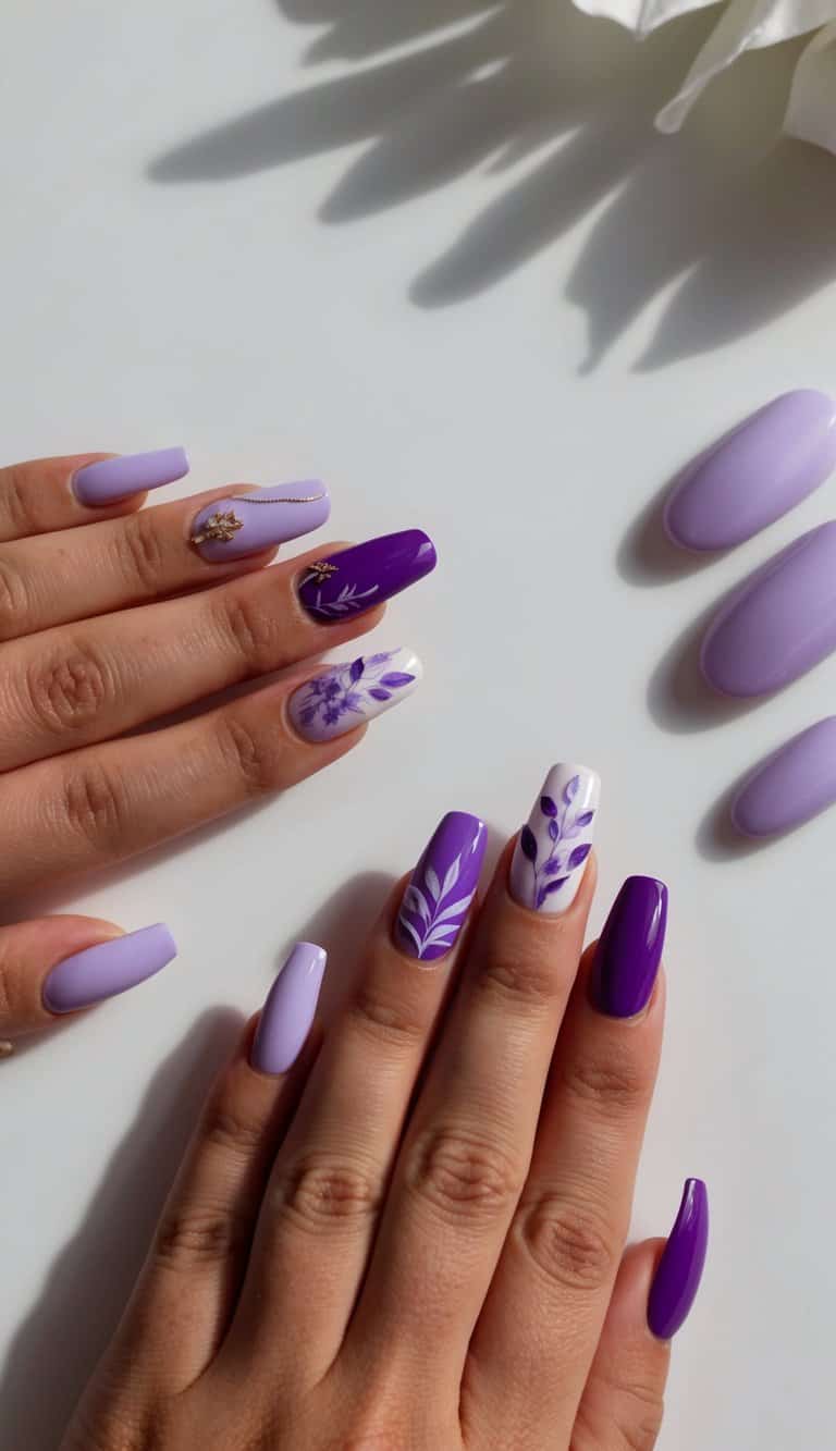 A close-up of various purple nail art designs on a clean, manicured surface with soft lighting