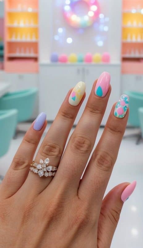A sparkling nail salon with colorful pastel shades and playful designs on display